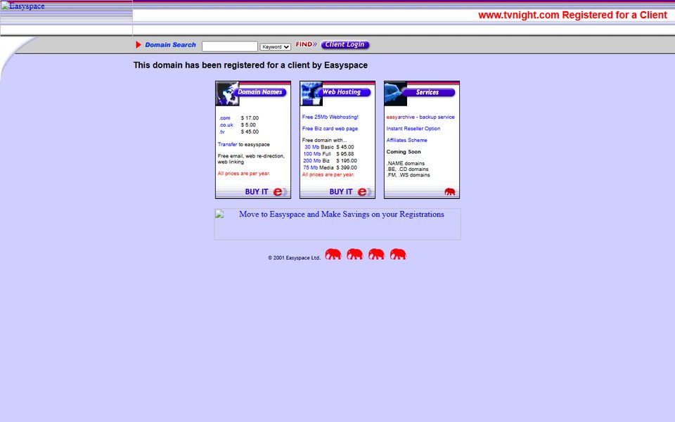 Peak-activity snapshot of tvnight.com from Sep 25, 2001